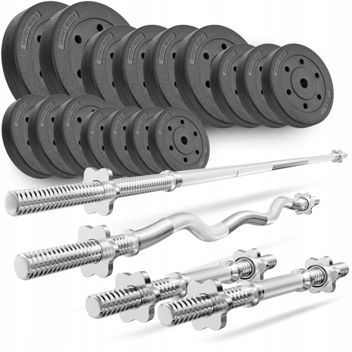 Domáca posilňovacia súprava 76 kg – nastaviteľné činky, obojručná tyč, kettlebell a úchyty na kliky