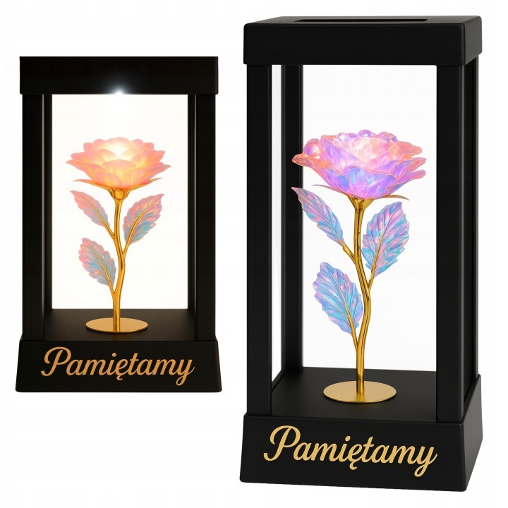 Solárna LED sviečka s holografickou ružou „Pamätáme si“ – elegantný lampáš na hrob s farebným efektom