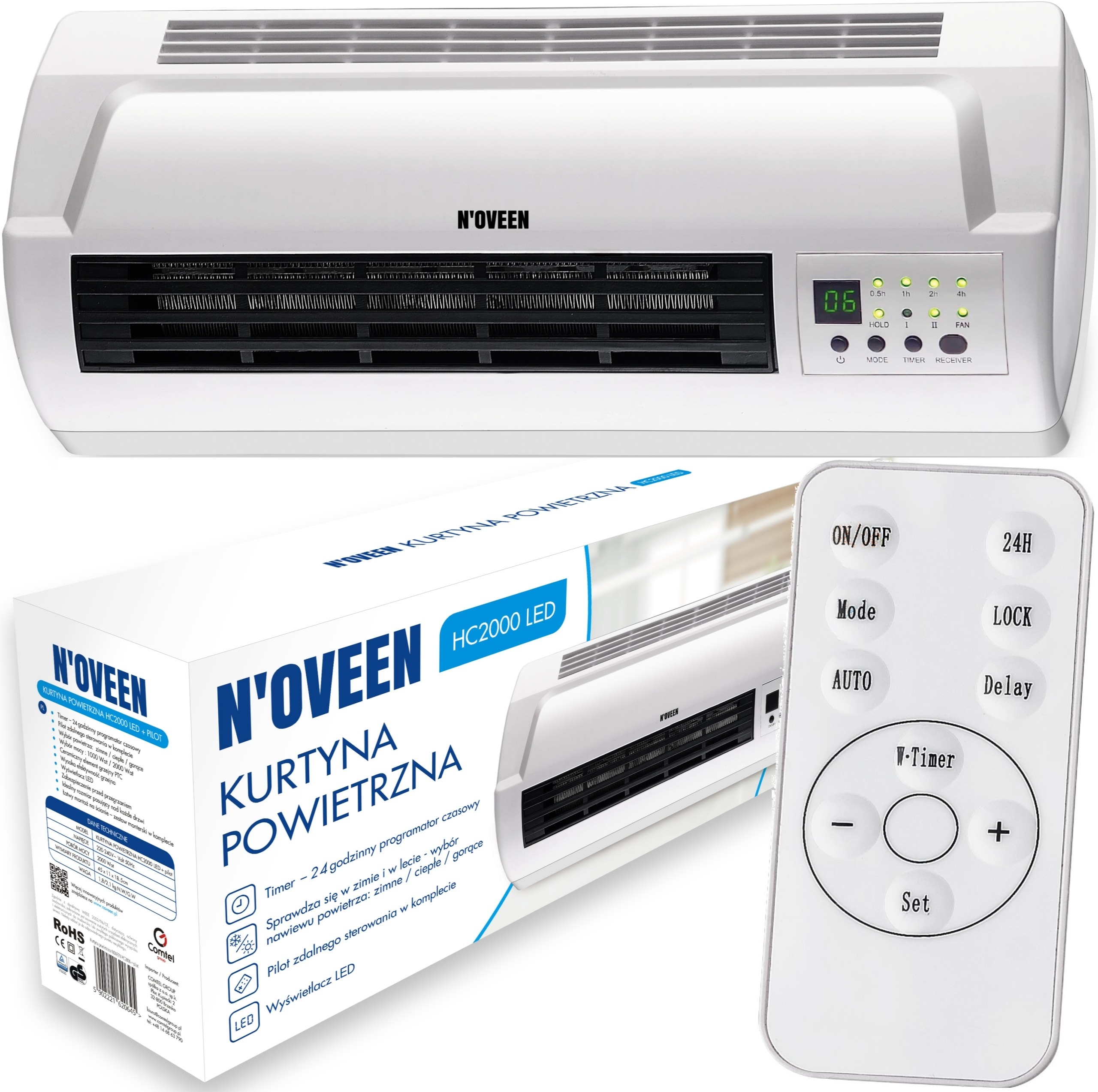 N'oveen HC2000 – elektrická vzduchová clona 2000 W s PTC keramickým ohrievačom, LED displejom a diaľkovým ovládaním