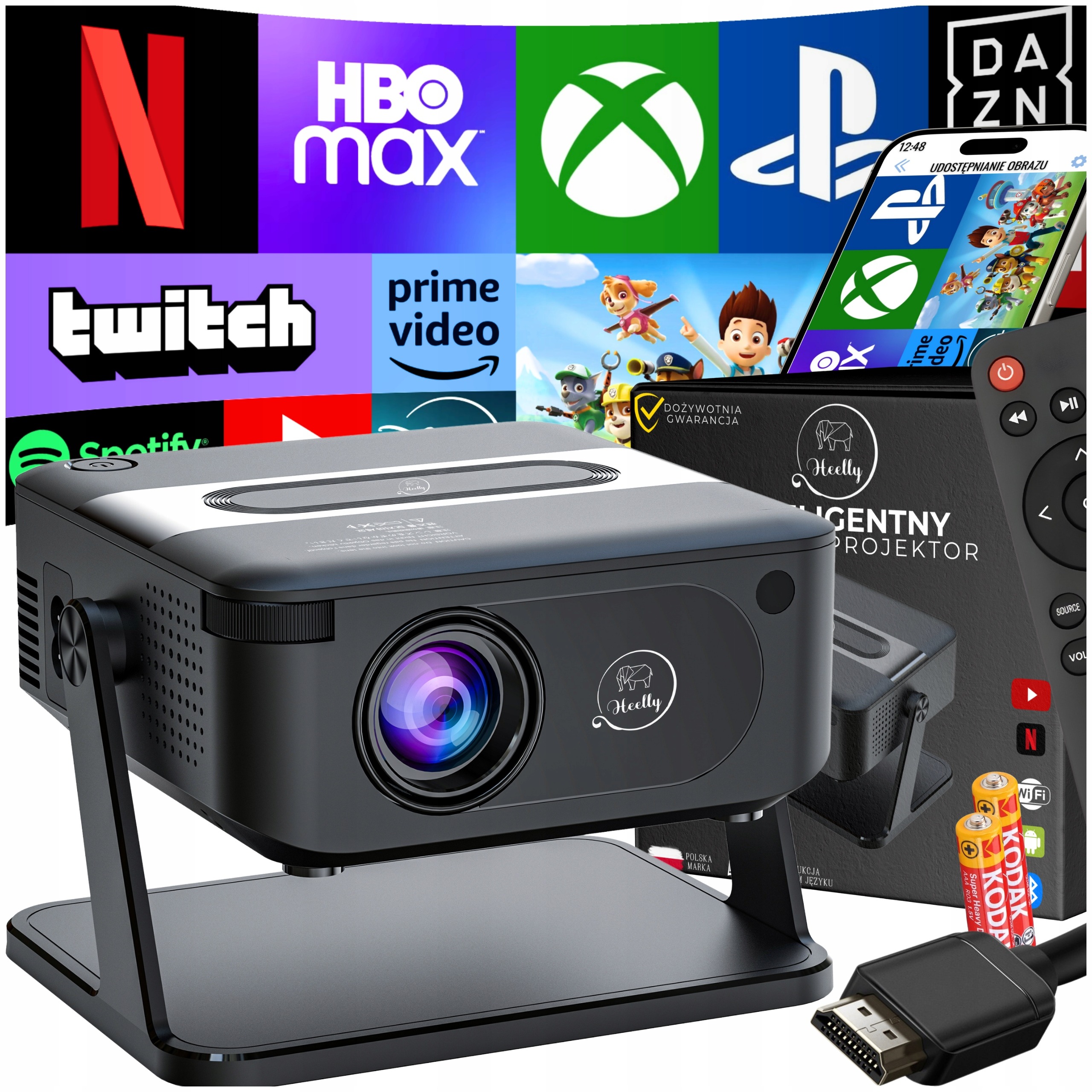 Projektor HEELLY Android Smart TV WiFi Full HD 4K LED Bluetooth 6000 lm – mini otočný projektor s reproduktorom