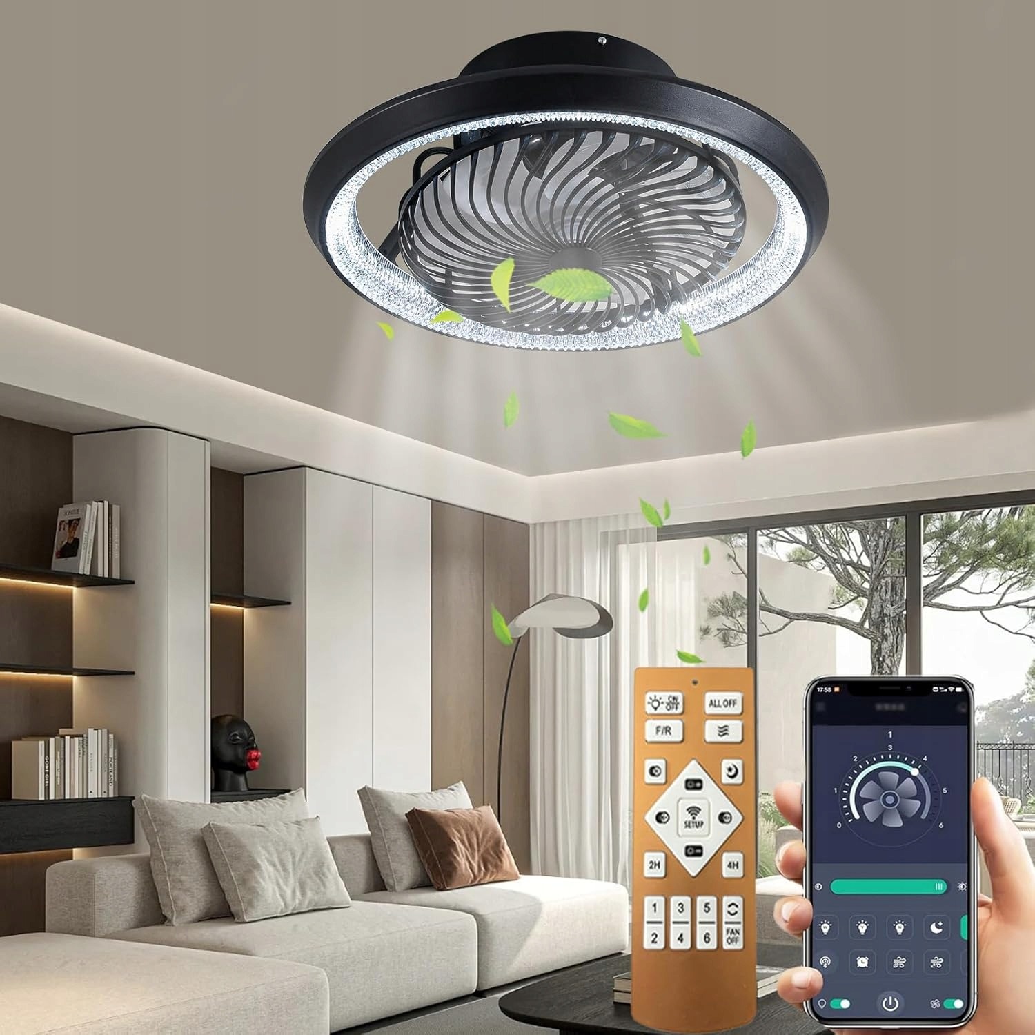 Stropný ventilátor s LED osvetlením 72 W SXQYSM – diaľkové ovládanie, aplikácia, 6 rýchlostí, čierny