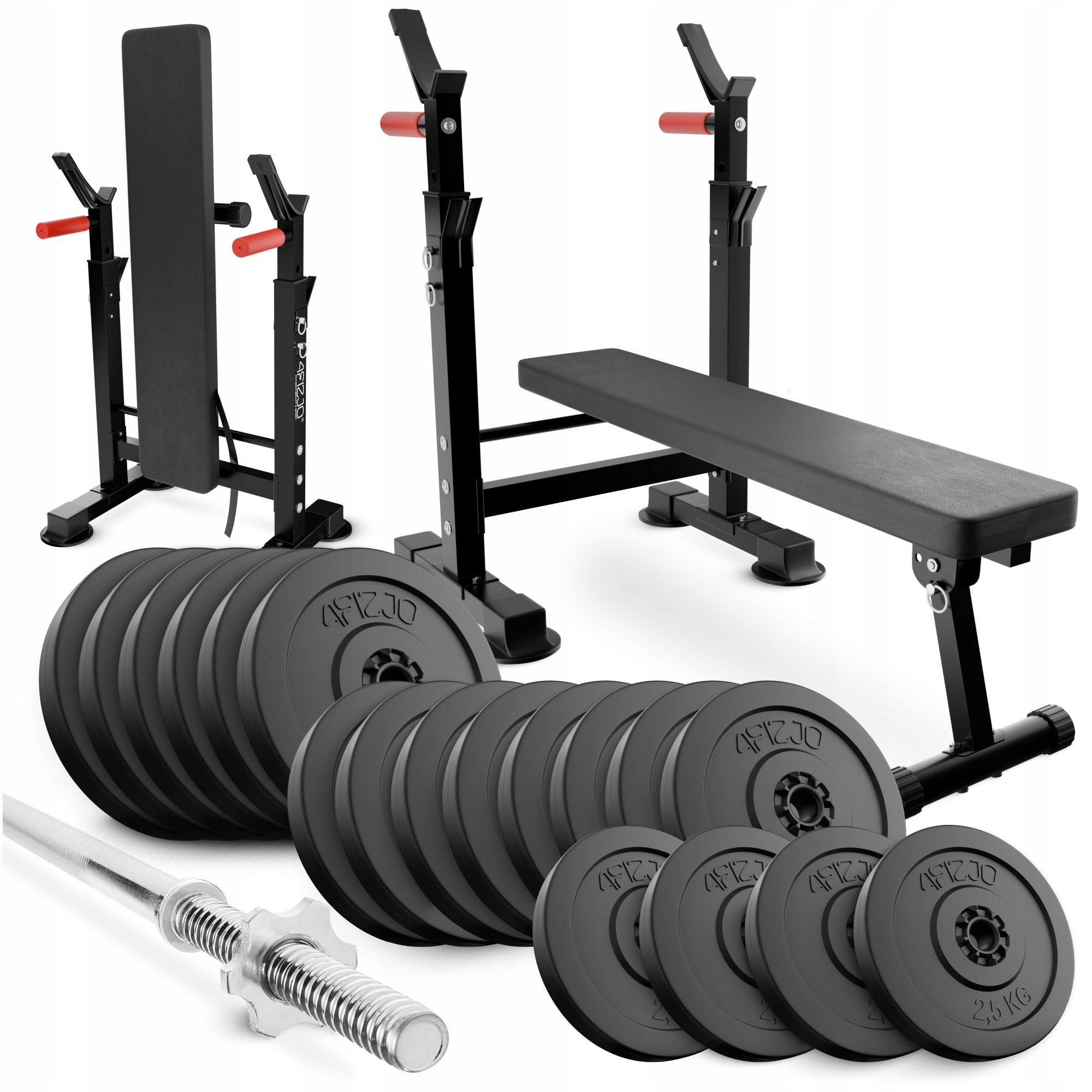 4FIZJO 90 kg kulturistická sada s lavicou PRO+, rovnou tyčou 180 cm a bitúmenovým závažím