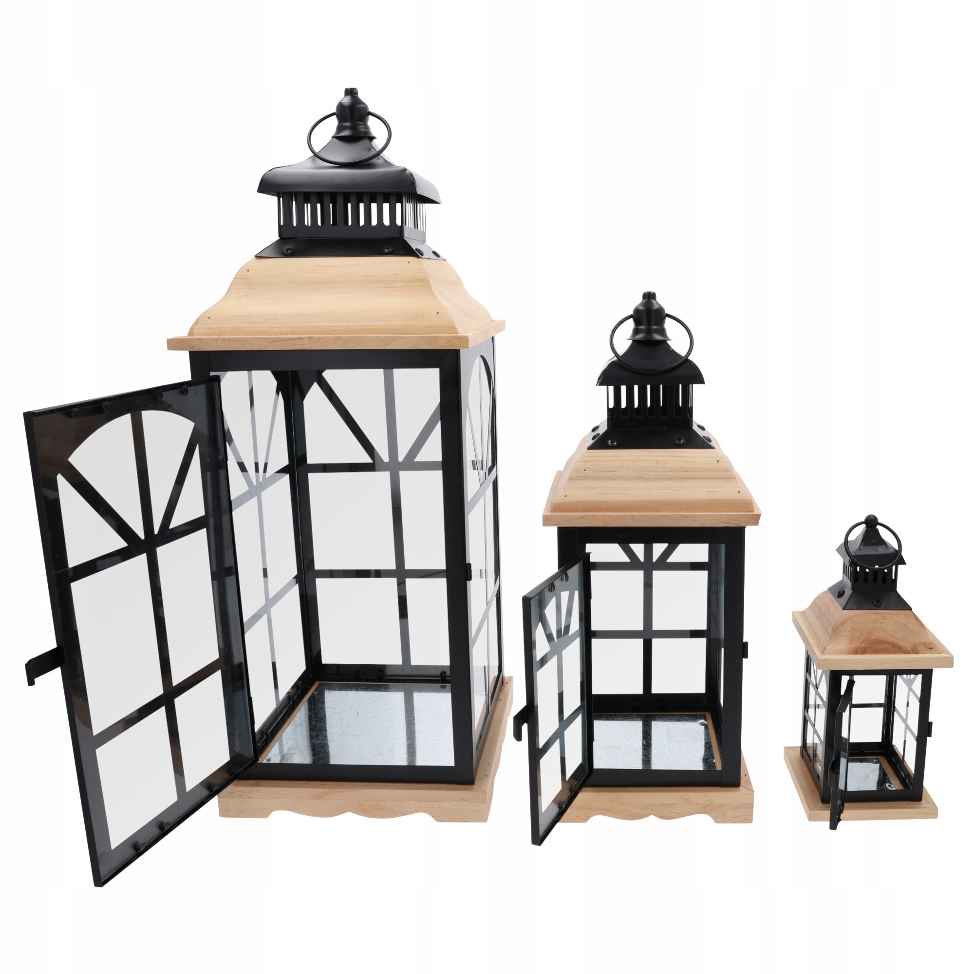 Trend-Deco TD00775 – sada 3 drevených lampášov XXL, čierne lampáše so sklom na terasu a do interiéru