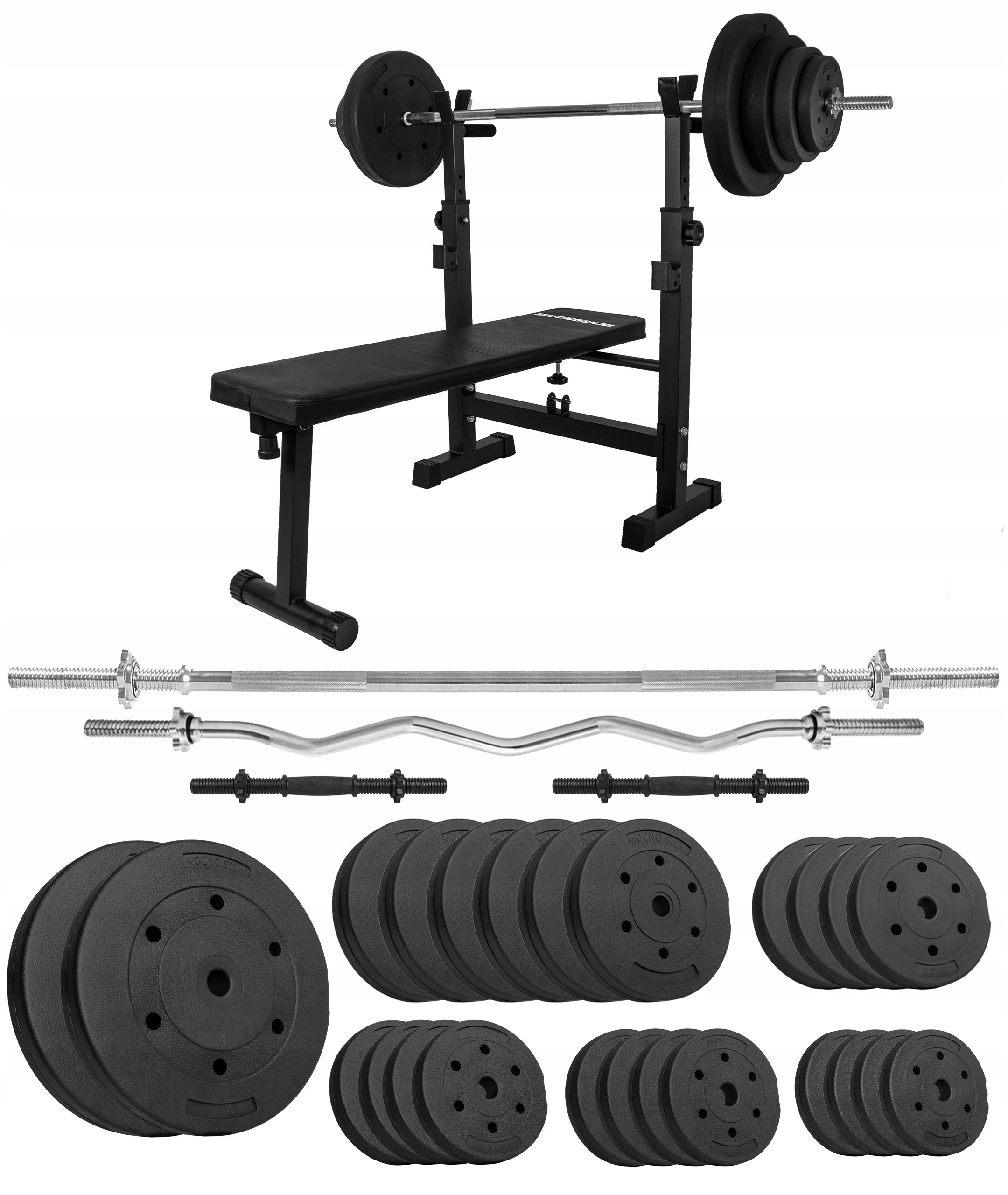 Domáca posilňovacia súprava 126 kg – nastaviteľná lavica, veľká činka, jednoručné činky a sada závaží