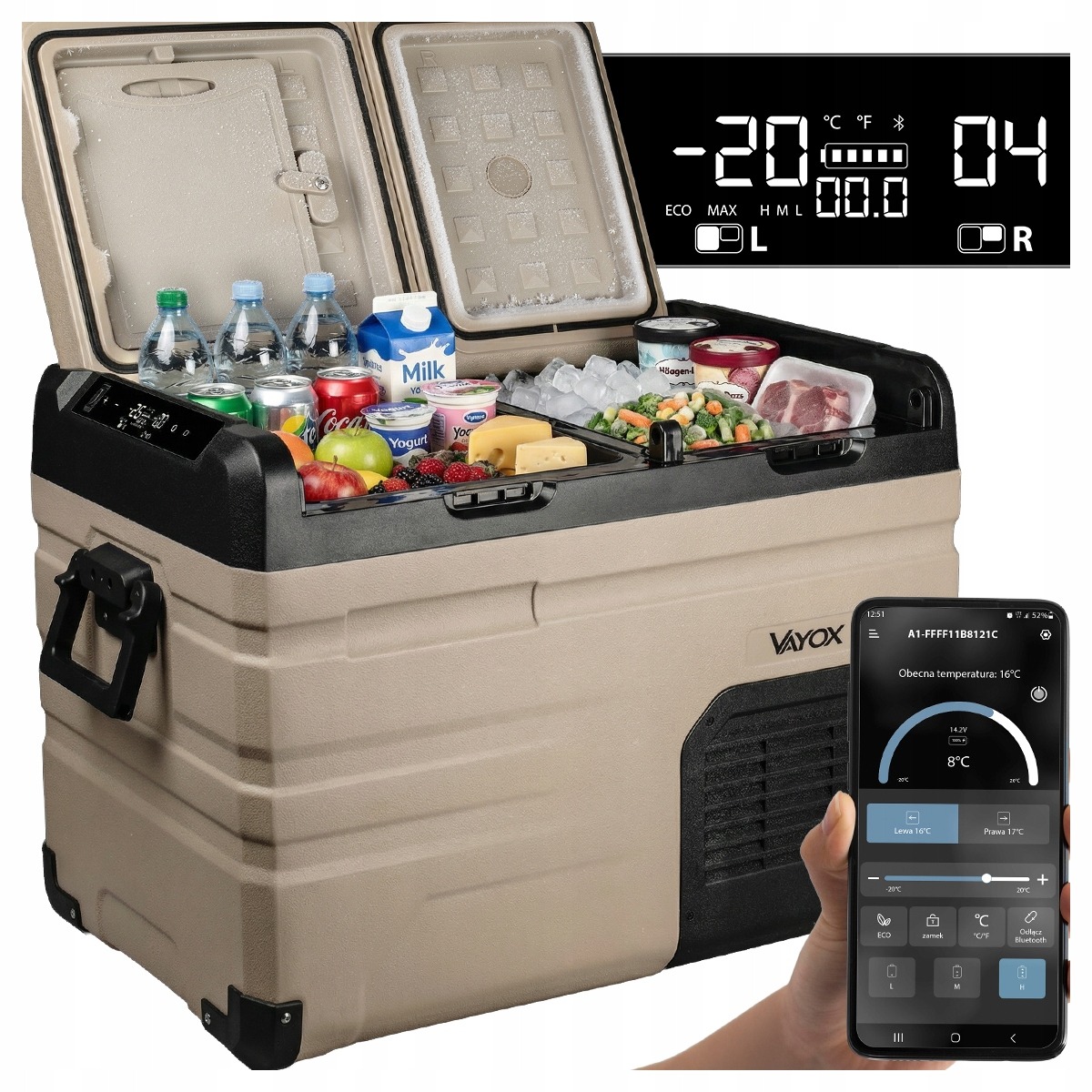 VAYOX VA-EW39 prenosná kompresorová chladnička 39 l 12/24/230 V s Bluetooth a dvomi chladiacimi zónami