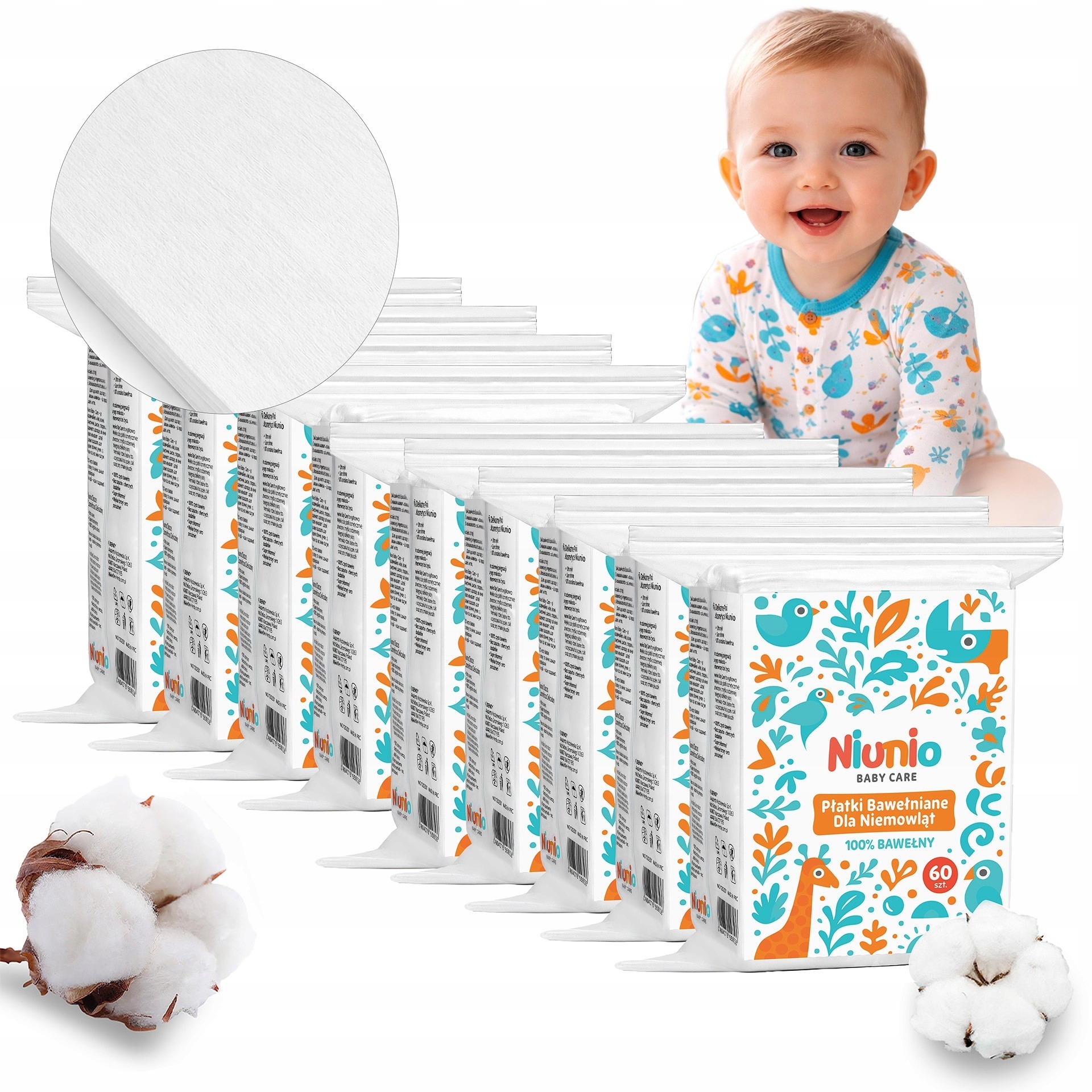 Niunio Baby Care veľké bavlnené tampóny pre bábätká 9×60 ks – 100 % bavlna na jemnú hygienu pokožky