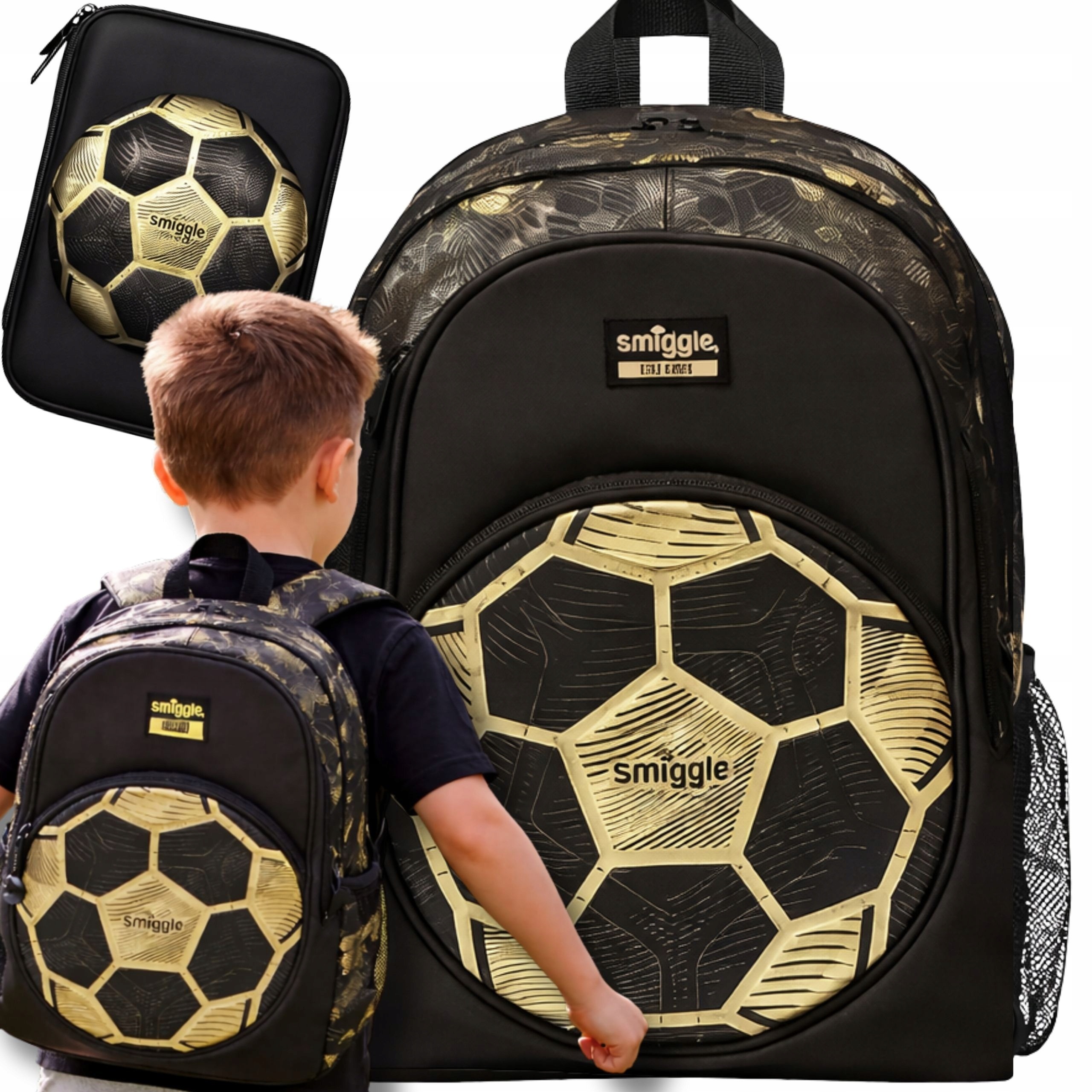 Školský batoh + peračník Zlatá 3D futbalová lopta – chlapčenský vystužený batoh s motívom futbalu