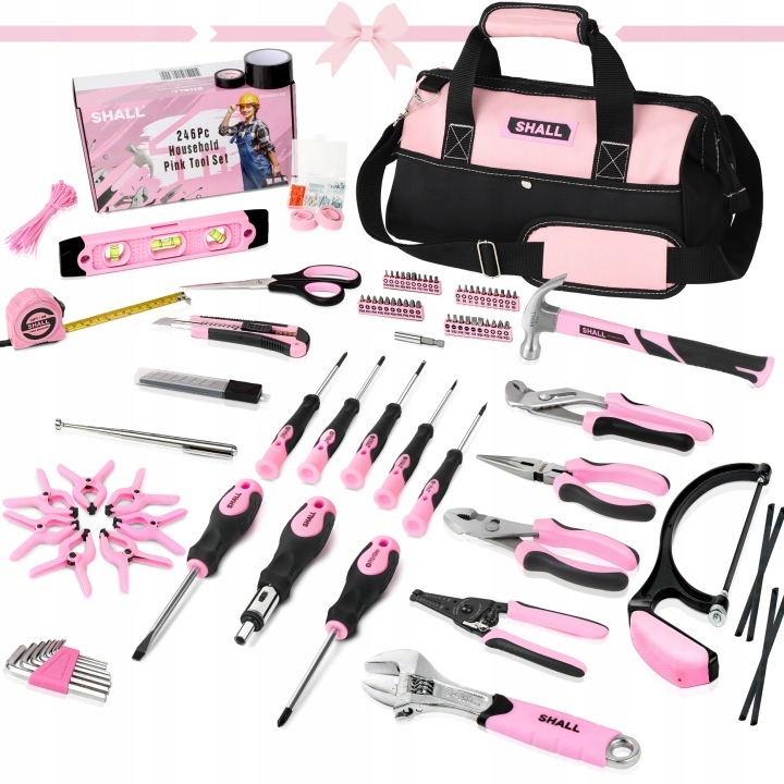 246-dielna sada náradia SHALL Pink pre domácnosť v ružovom kufríku