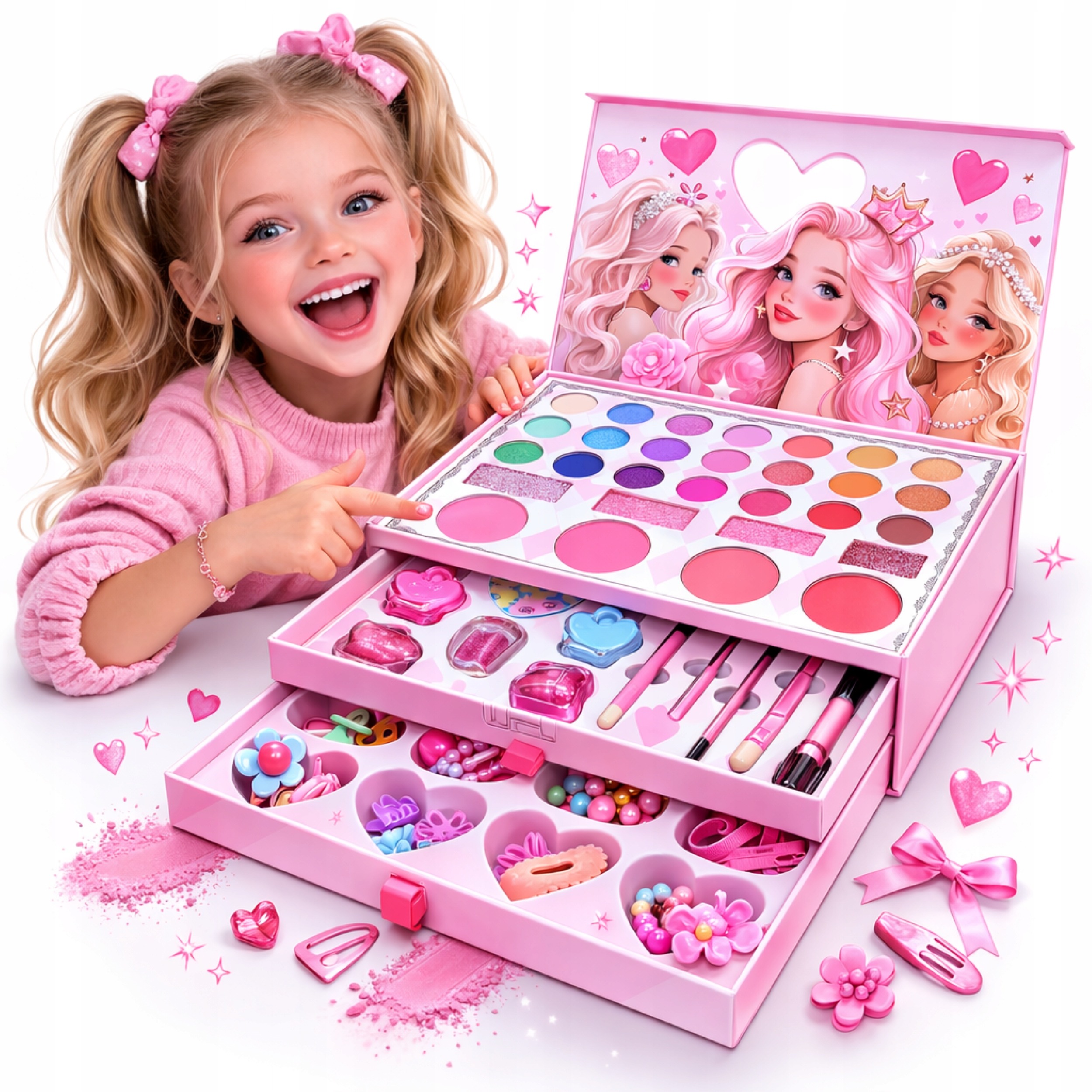 Detská sada na líčenie v kufríku so zrkadlom – kozmetický set Make Up s očnými tieňmi a doplnkami