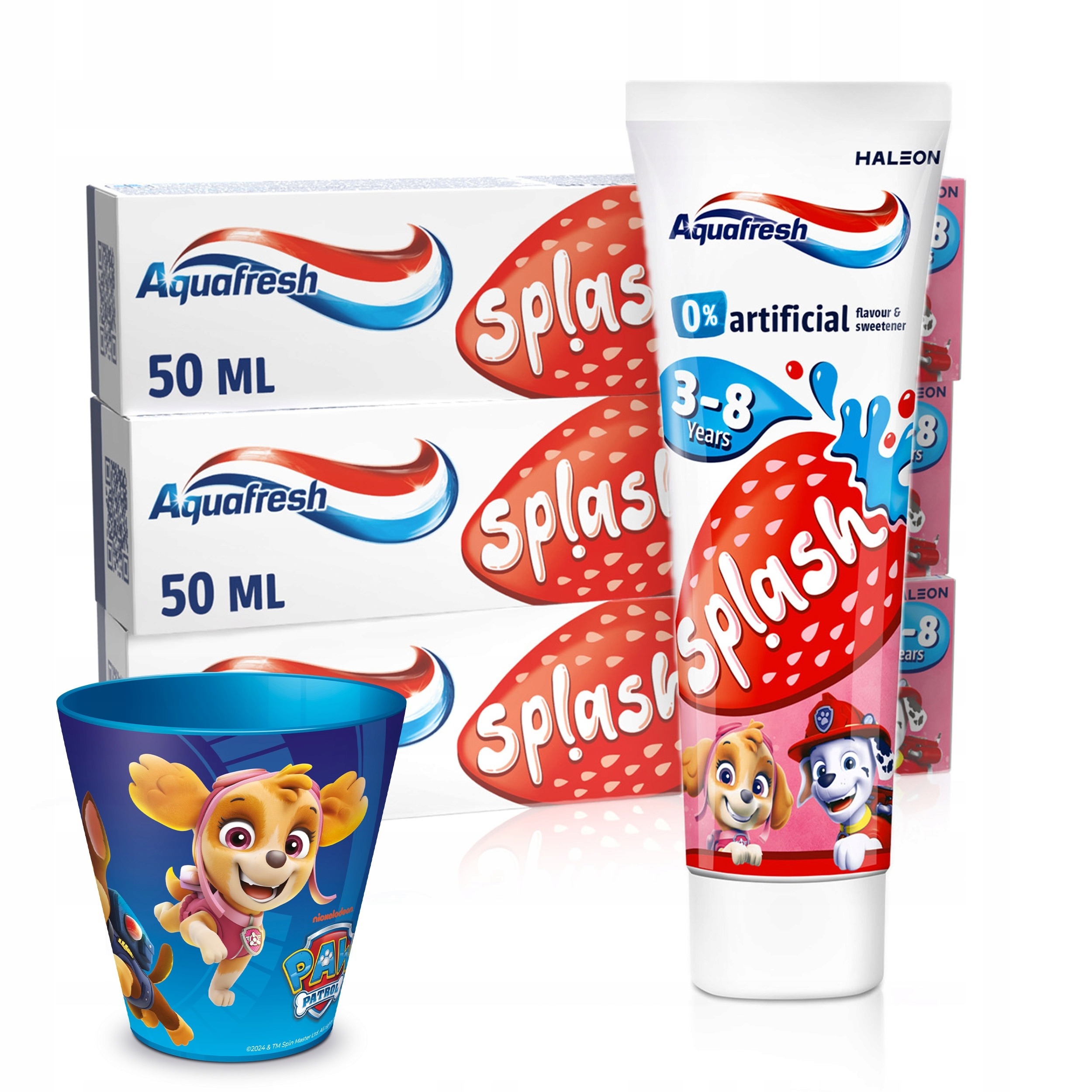 Aquafresh Splash detská zubná pasta 3×50 ml + pohár Tlapková patrola zdarma – jahodová pasta pre deti 3–8 rokov