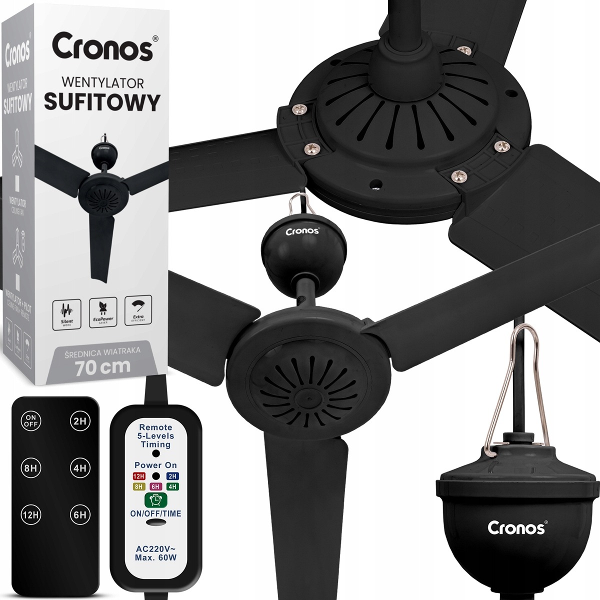 Stropný ventilátor 70 cm čierny s tichým chodom, diaľkovým ovládaním a časovačom