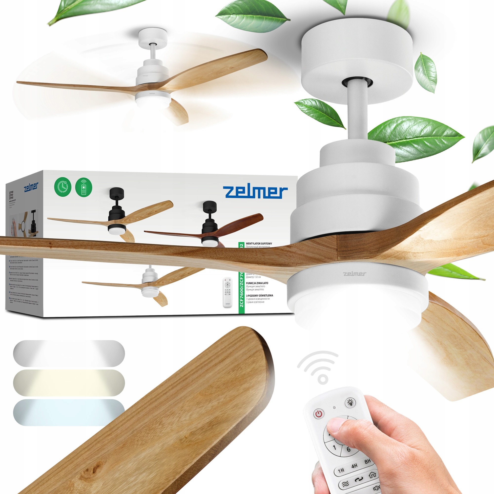 Stropný ventilátor Zelmer ZCF7602 s LED svetlom – 40 W, 6 rýchlostí, diaľkové ovládanie, biely dub