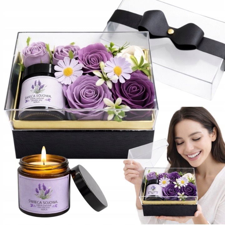 Flower Box s mydlovými kvetmi a vonnou sviečkou vo fialovej darčekovej krabičke