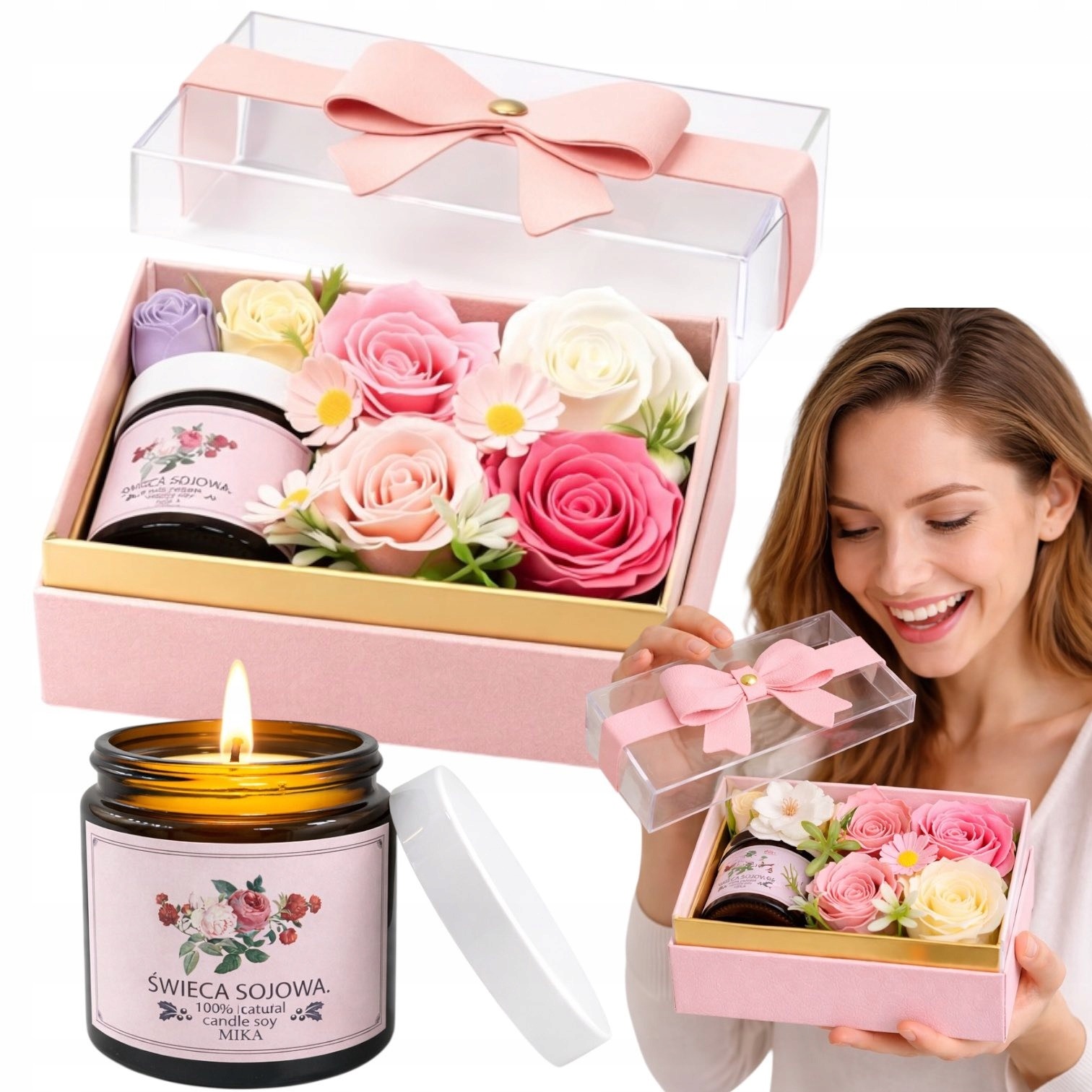 Flower Box s mydlovými kvetmi a vonnou sviečkou v ružovej darčekovej krabičke