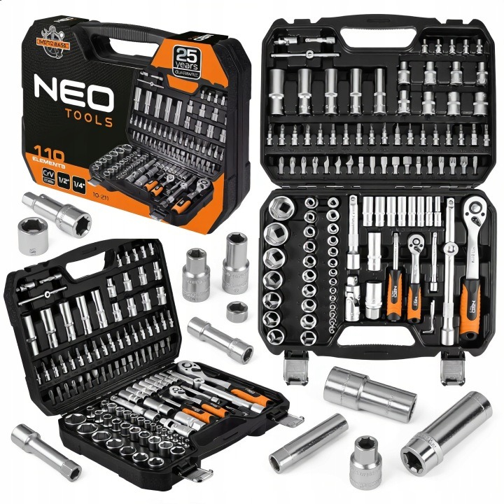 NEO TOOLS 10-211 sada nástrčných kľúčov 1/4" a 1/2" s 72-zubovými račňami a kľúčmi 8–22 mm