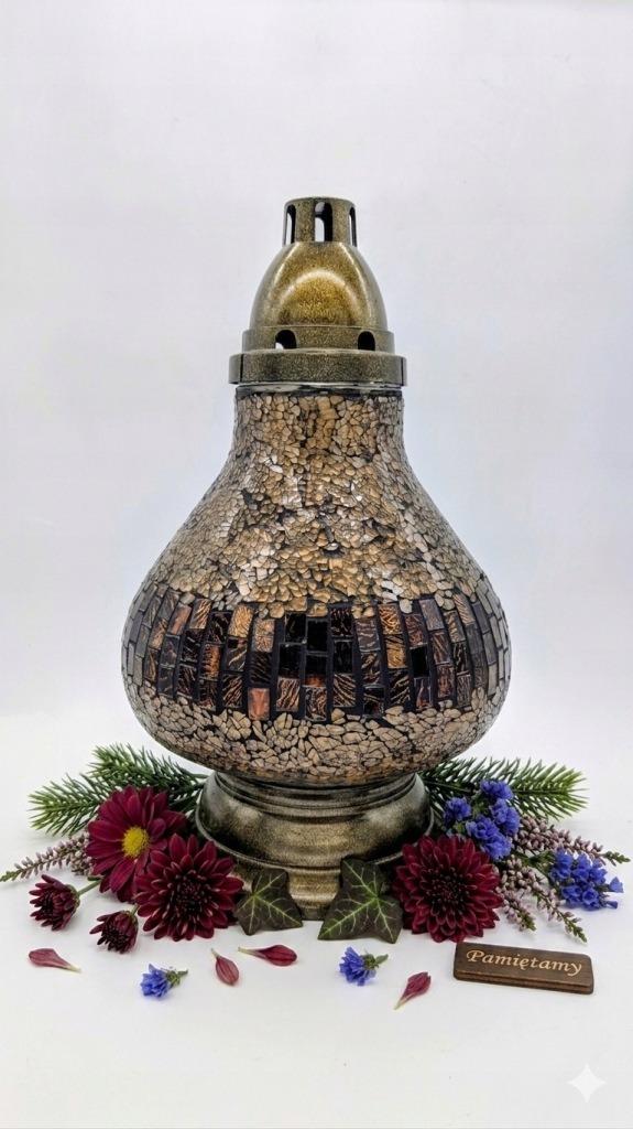 Veľký vitrážový náhrobný lampáš v tvare karafy 35 cm – zlatý sklenený svietnik na hrob