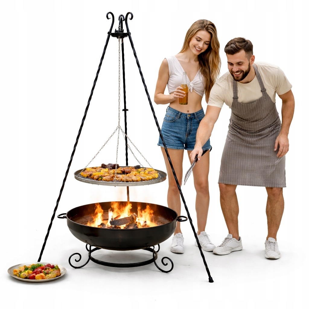 Kovaný trojnožkový záhradný gril s ohniskom 60 cm a nerezovým roštom – nastaviteľný gril nad ohnisko