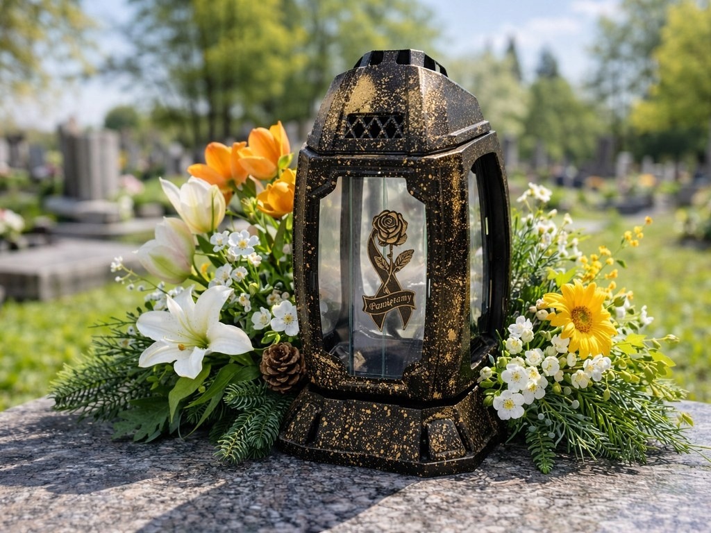Dekoratívna cintorínska sviečka bez vložky 37 cm – elegantný sklenený lampáš na hrob s ozdobným dizajnom