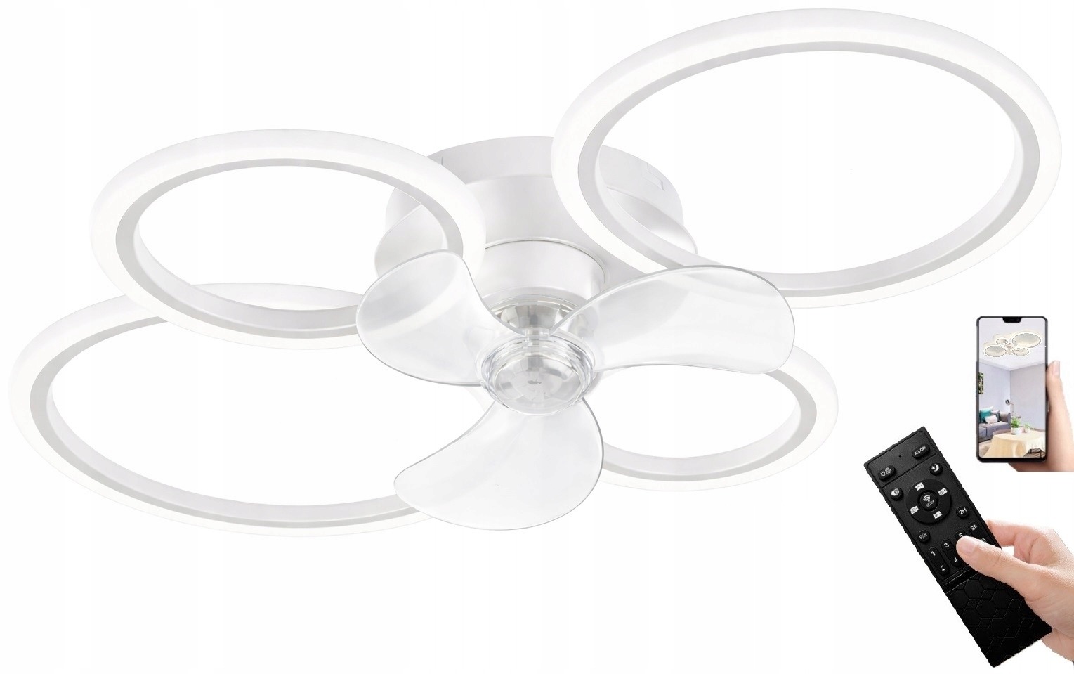 Stropný ventilátor s LED osvetlením RING 60 W – 4 kruhy, diaľkové ovládanie, Bluetooth, nastaviteľná farba svetla