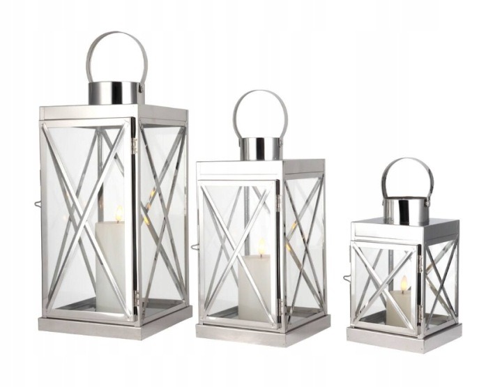 TRIROCKS oceľové lampáše 3 ks – strieborné dekoratívne lampáše do domu a záhrady