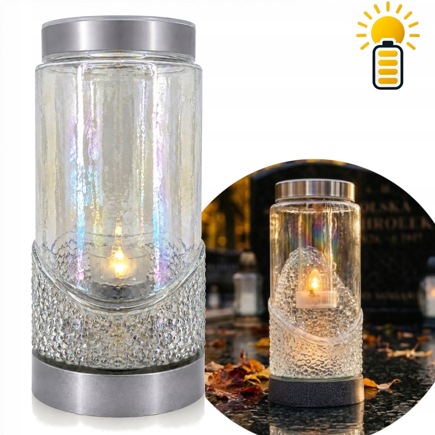 Solárny LED náhrobný lampáš RURA SR 27 cm – opalizujúce sklo so strieborným dizajnom a teplým svetlom