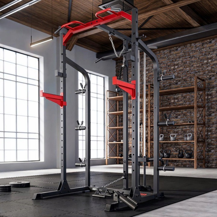 Multifunkčná tréningová klietka Power Rack s hrazdou a nastaviteľnými držiakmi na činku