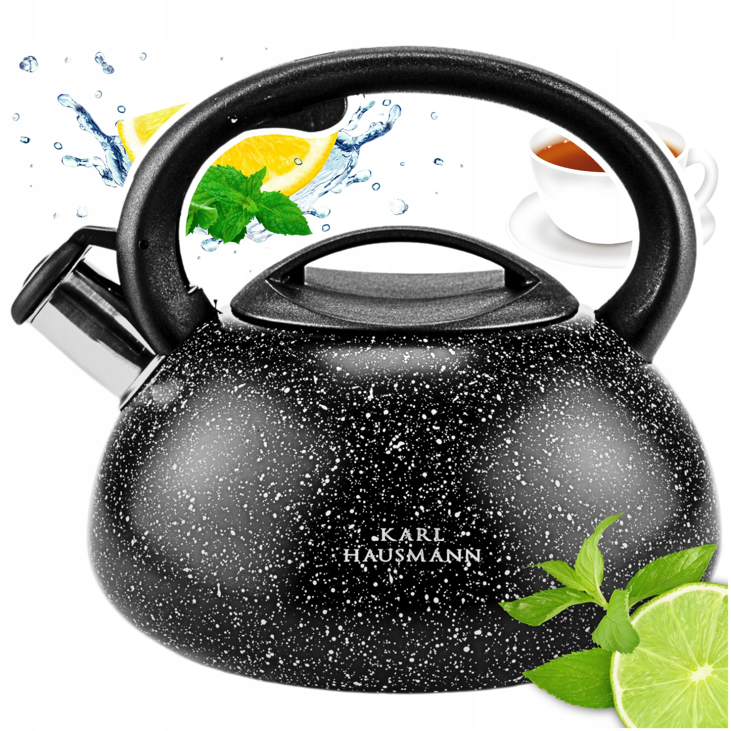 Plynová kanvica, 3l, rýchlovarná kanvica s píšťalkou, pokrievka, oceľ, čierna inox indukcia