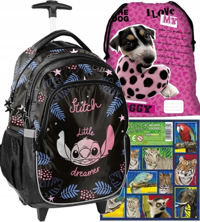Školský batoh na kolieskach Disney Stitch PASO + taška na topánky a nálepky