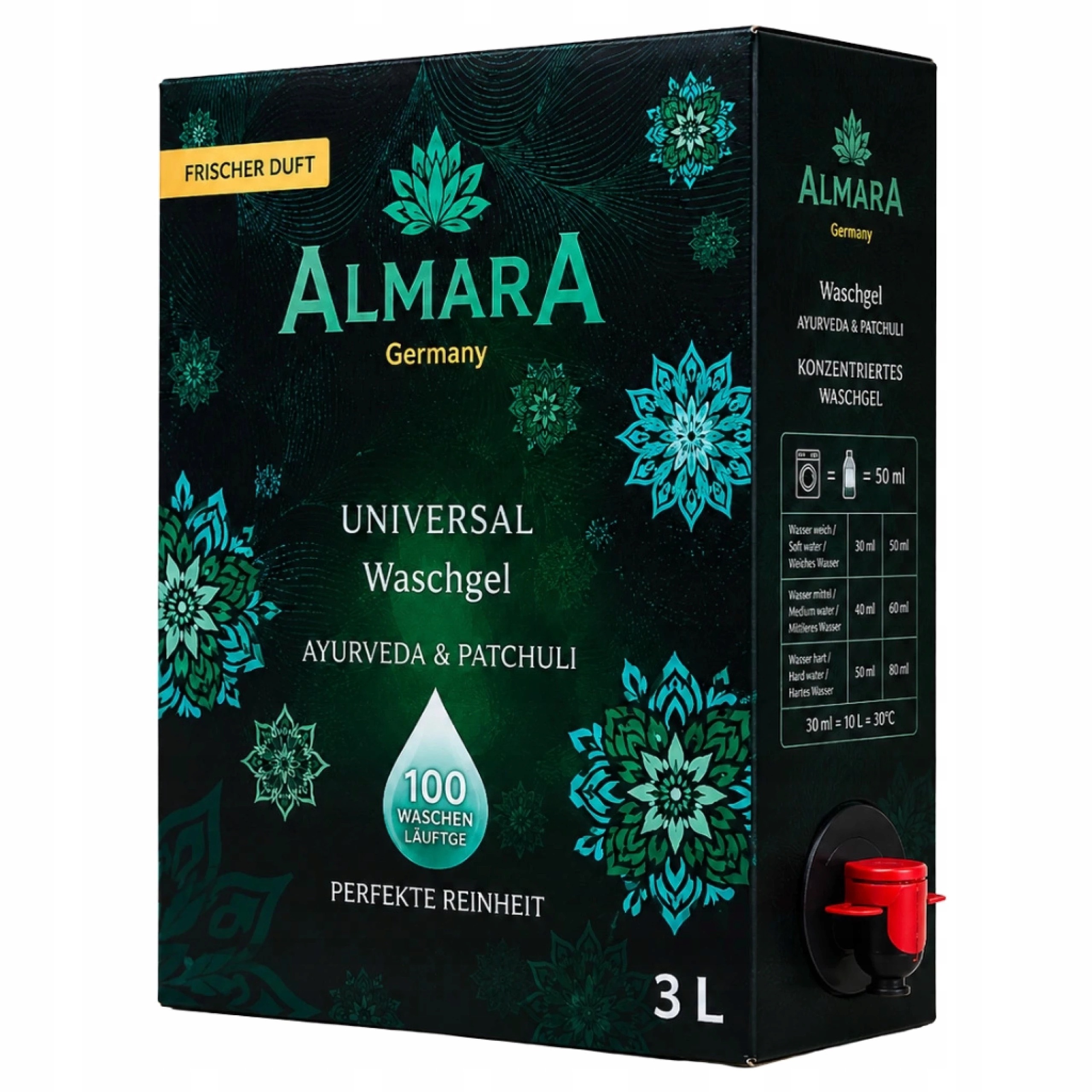 ALMARA Germany univerzálny prací gél Ayurveda & Patchuli 3 l – 100 praní, orientálna vôňa a ochrana tkanín