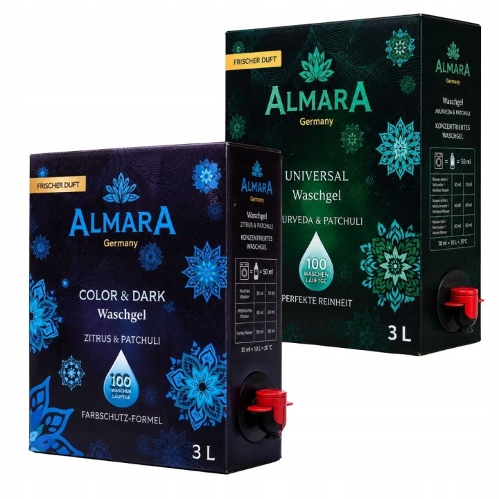 ALMARA sada pracích gélov Universal + Color & Dark 2×3 l – 200 praní, ochrana farieb a účinné čistenie