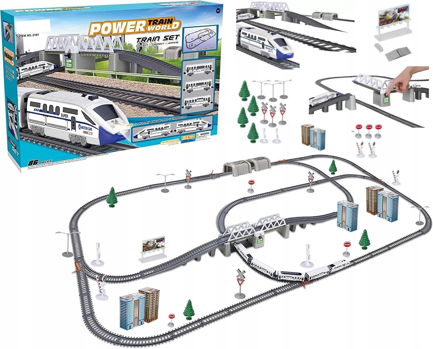Elektrická železnica Bobo-San 9 m s lokomotívou, mostom, tunelom a 4 vagónmi – veľká vlaková súprava pre deti