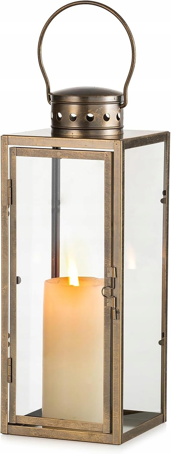 Vintage zlatý lampáš na sviečku 35 cm – rustikálny kovový lampáš so sklom