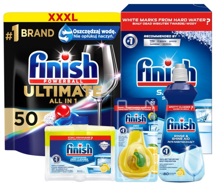 Finish Ultimate sada do umývačky riadu – kapsuly 50 ks + soľ + leštidlo + čistič + osviežovač