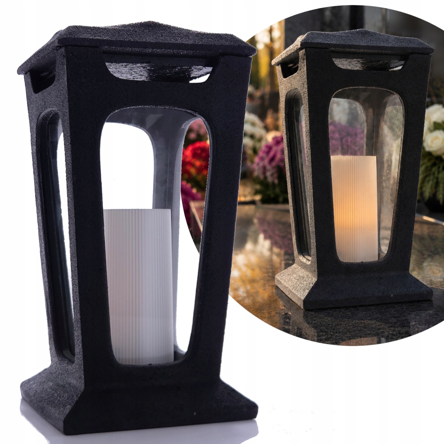 Živicový lampáš FARO čierny 29 cm – ťažká moderná cintorínska sviečka s efektom kameňa