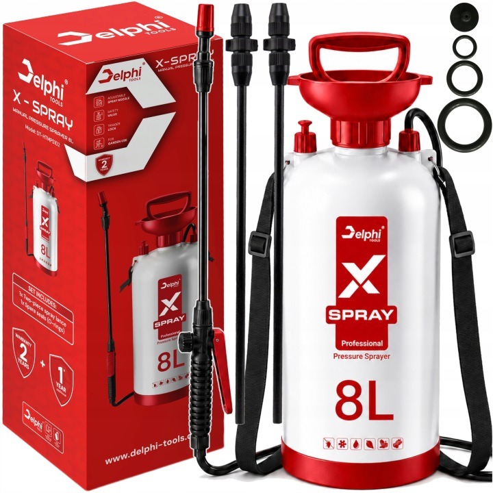 Delphi Tools X-Spray tlakový ručný postrekovač 8 l s tyčou 95 cm – záhradný postrekovač s nastaviteľnou tryskou