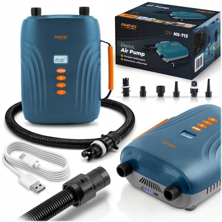 Elektrická pumpa Neo-Sport NS-713 12 V pre SUP, člny a matrace – 20 PSI, 6 adaptérov