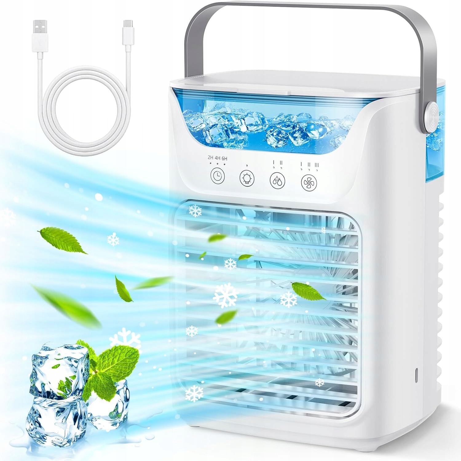 Prenosný osobný chladič vzduchu 3 v 1 – odparovací chladič, ventilátor a zvlhčovač vzduchu, 700 ml, USB-C