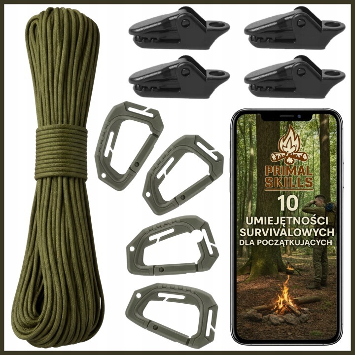 Survival súprava Paracord 550 – 30 m lano, karabíny a klipy na tarp pre bushcraft a kempovanie