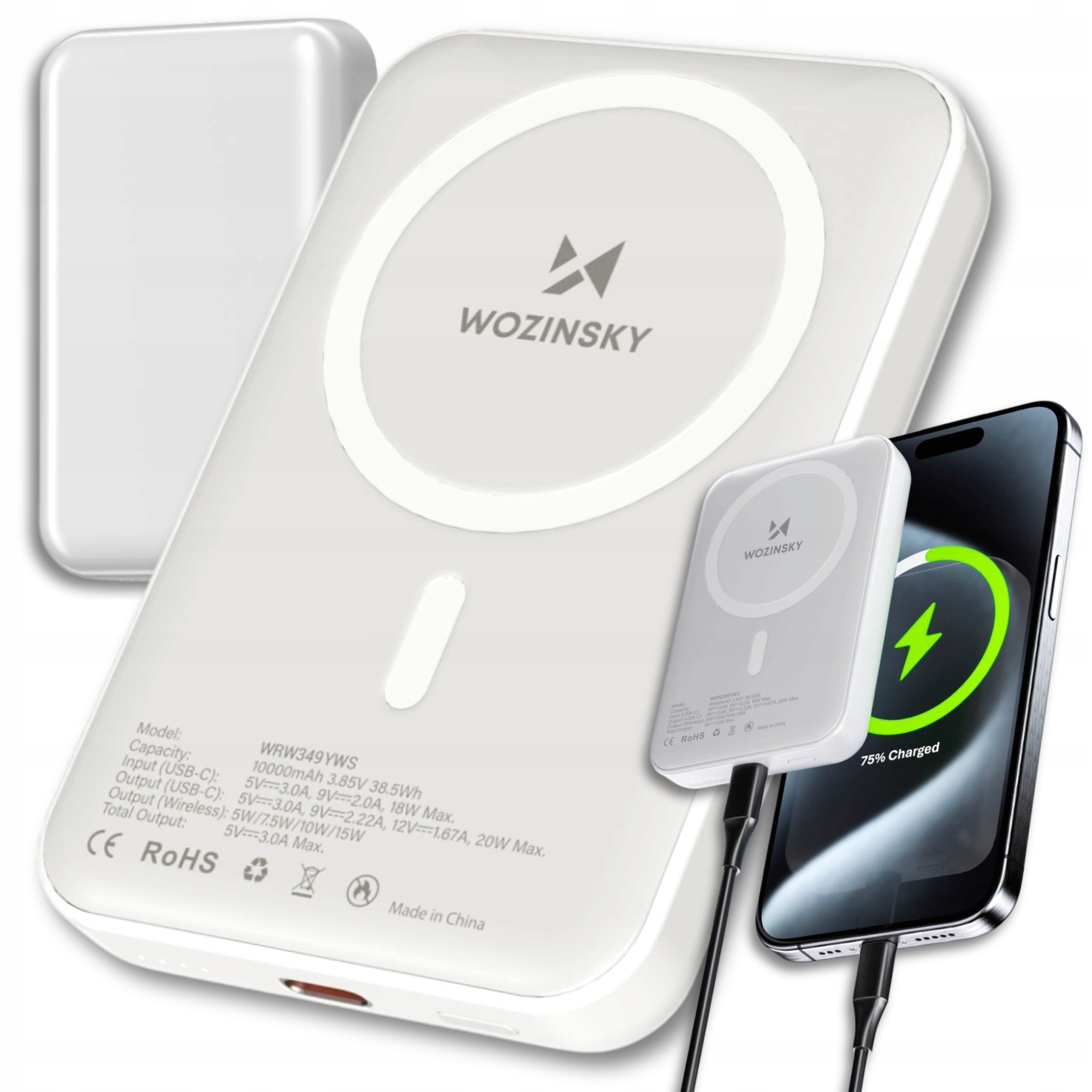Wozinsky WRW349YWS magnetická powerbanka 10000 mAh – MagSafe, bezdrôtové Qi nabíjanie 15 W, USB-C 20 W