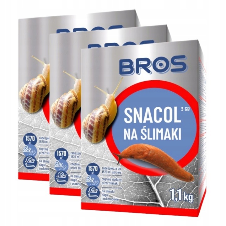 BROS Snacol 3GB 3×1,1 kg – granulát proti slimákom a ulitníkom + 100 g ZADARMO