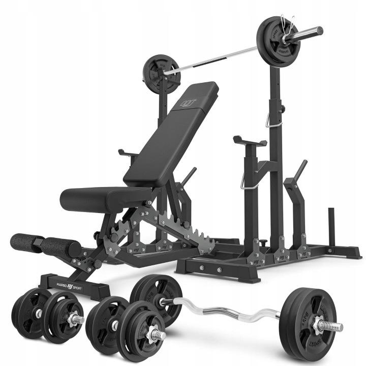 MARBO Sport MS2 2.0 113 kg posilňovacia sada s nastaviteľnou lavicou, stojanmi a závažím