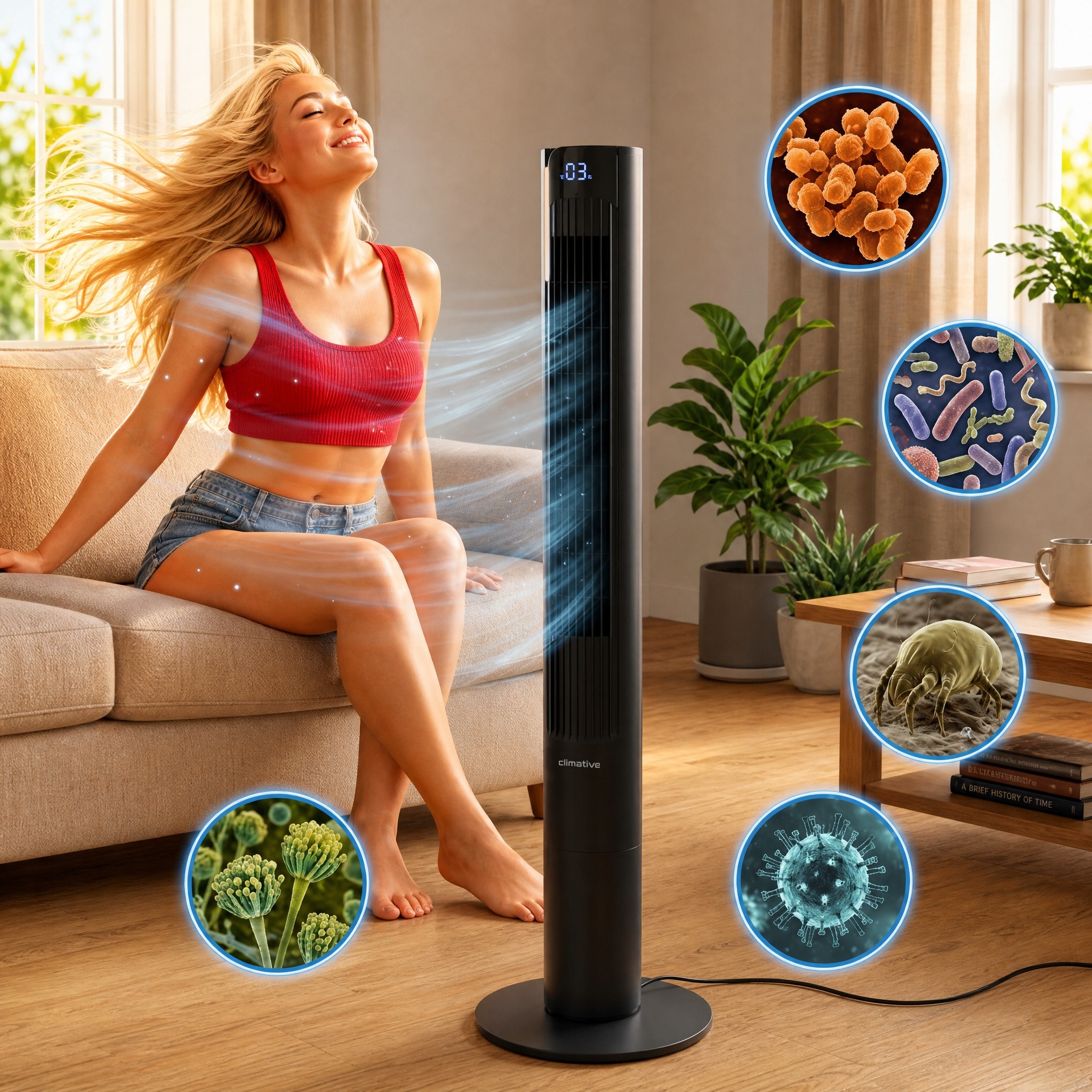 CLIMATIVE MAX stĺpový ventilátor 117 cm 60 W – inteligentný WiFi ventilátor s ionizáciou, aróma boxom a diaľkovým ovládaním