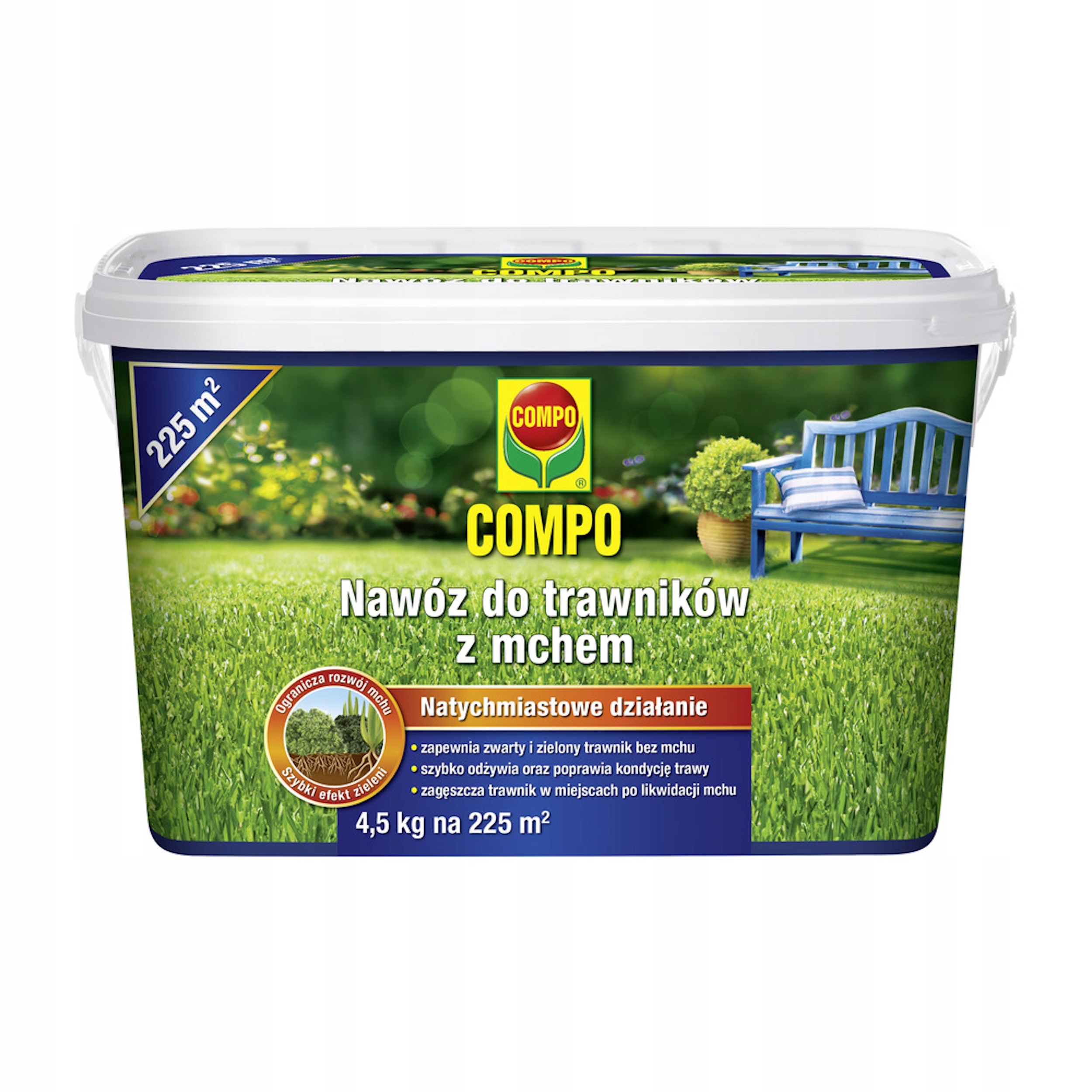 COMPO hnojivo na trávnik proti machu 4,5 kg – dusíkato-draselné granulované hnojivo so železom na 225 m²