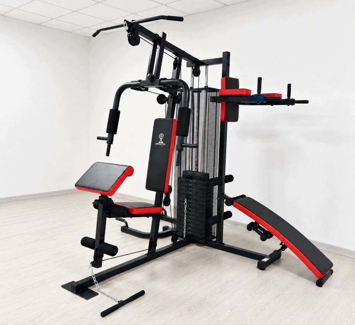 4-stanicový posilňovací atlas Atlas Sport AS05, záťažový blok 65 kg, lavica, modlitebník a kladky