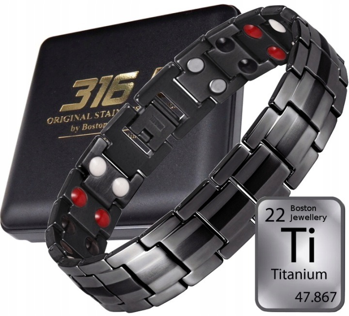 Titánový magnetický náramok Boston Jewellery 100 % čistý titán – čierny pánsky náramok s neodýmovými magnetmi