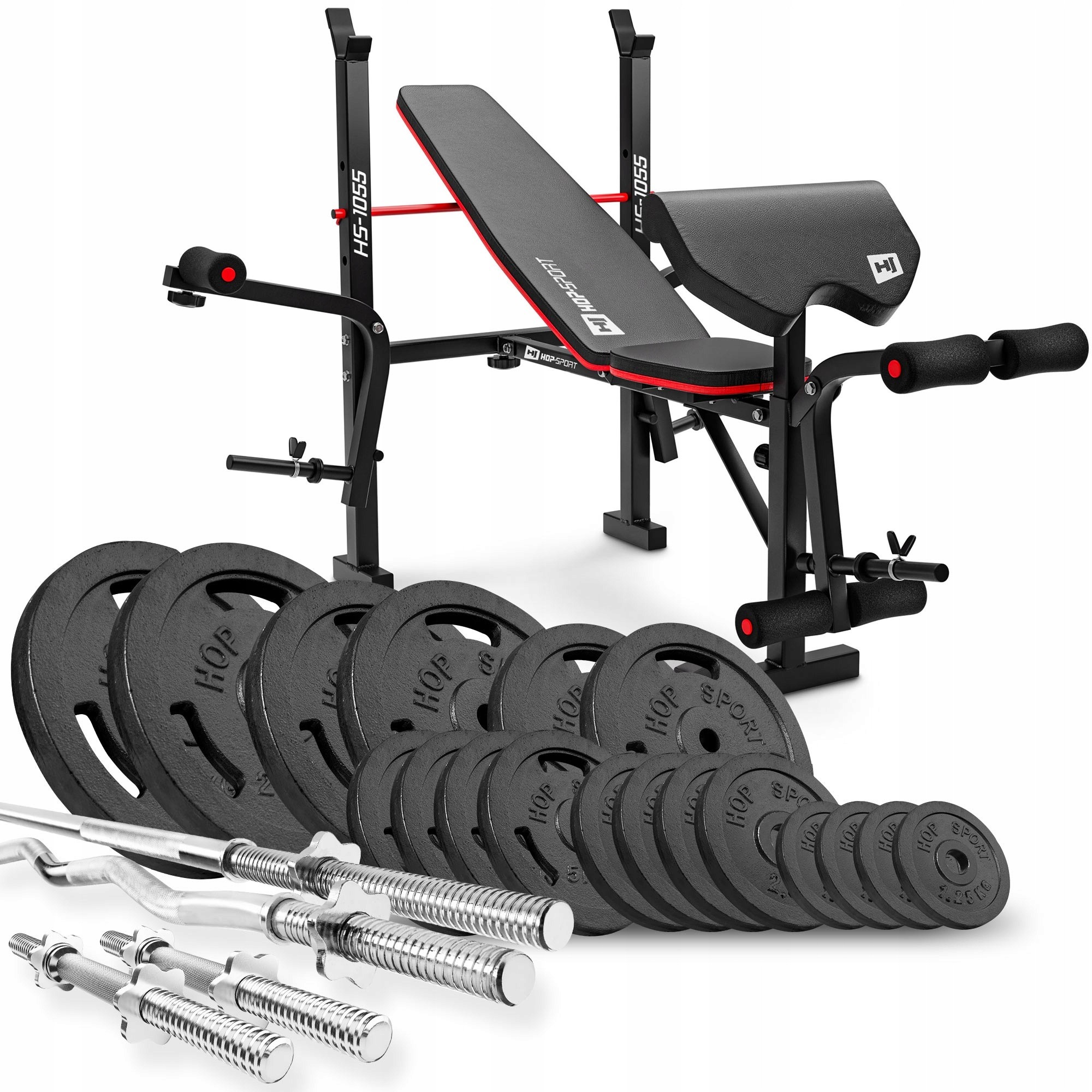 Hop-Sport Strong 146 kg liatinová kulturistická sada s lavicou HS-1055, stojanmi a činkami