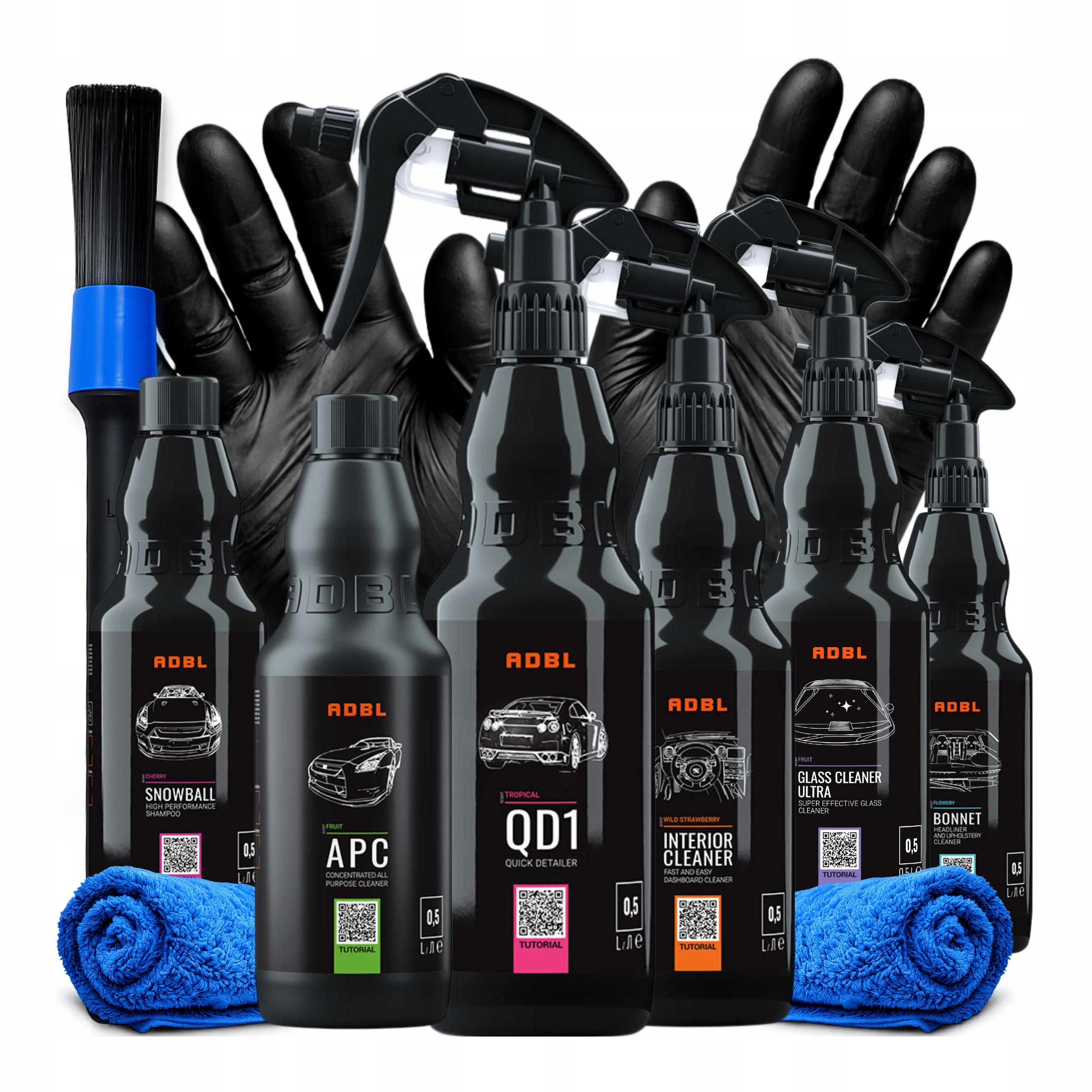 ADBL sada autokozmetiky 6x500 ml – čistenie interiéru, laku a okien | detailer, šampón, čistič plastov
