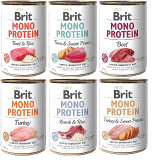 Konzervy mokré krmivo pre psa - Brit mono proteínová zmes príchutí 6x400g