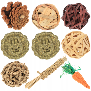 Hračka pre králika, morča - Hračka na drevený škrečok pre žuvaciu súpravu Grass Ball 9 PCS