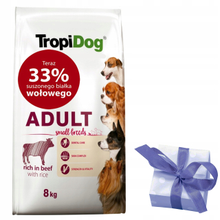 Suché krmivo pre psy granule - Tropidog Dospelý malý hovädzie mäso a ryža 8 kg + darček